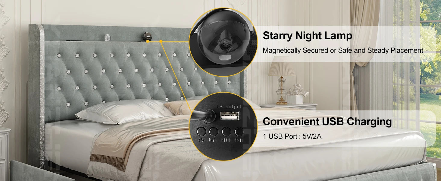 Bed Frame with Headboard, Galaxy Projector, Bluetooth Speaker, USB Ports, 4 Drawers - No Box Spring Needed - 3 Sizes Available