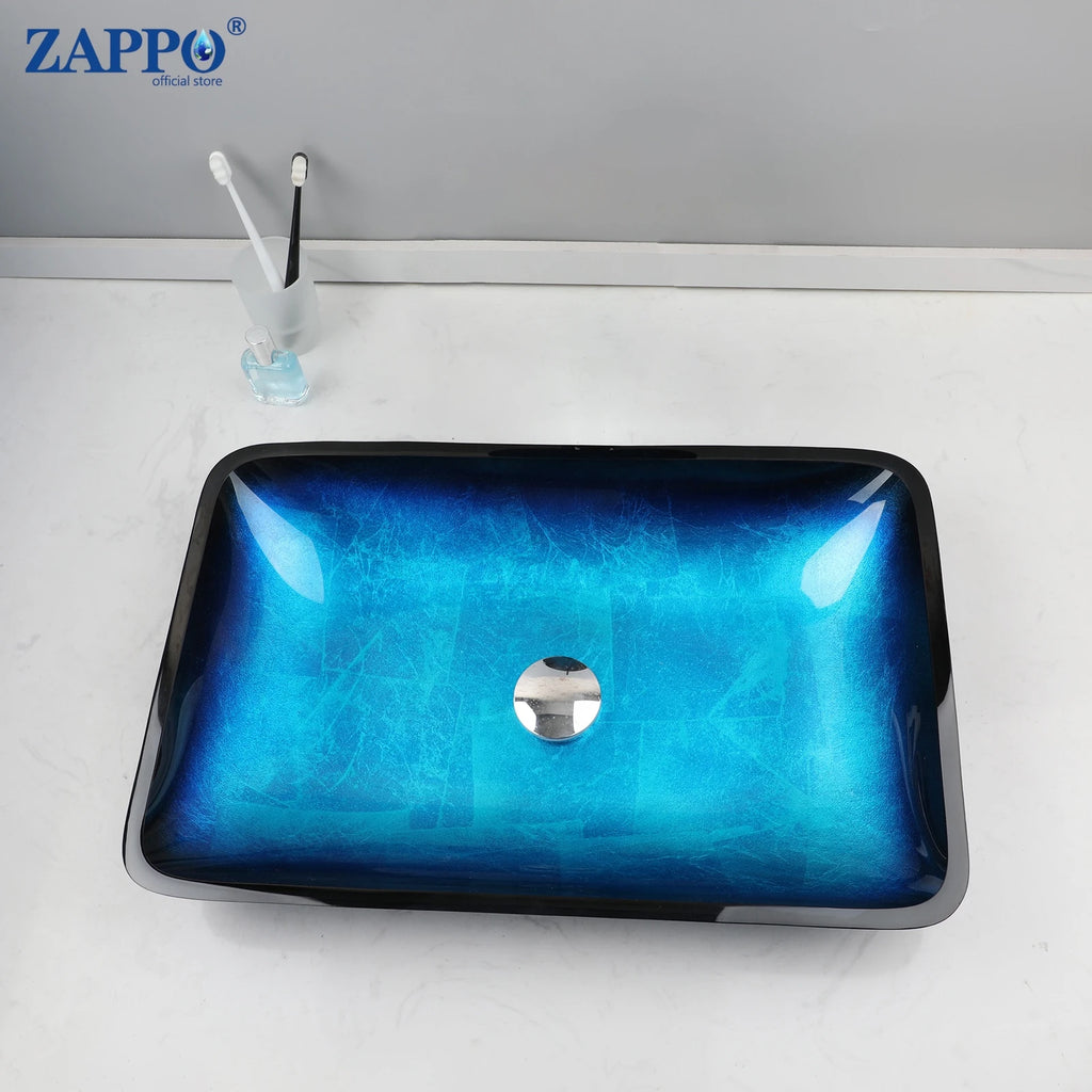 Tempered Glass Bathroom Sink with Waterfall & Black Faucet