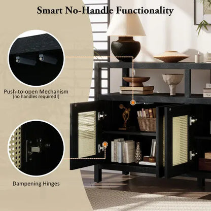 Black Solid Wood Rattan Buffet - Bohemian Style 3-Adjustable Shelves No-Handle Push-to-Open Storage Cabinet