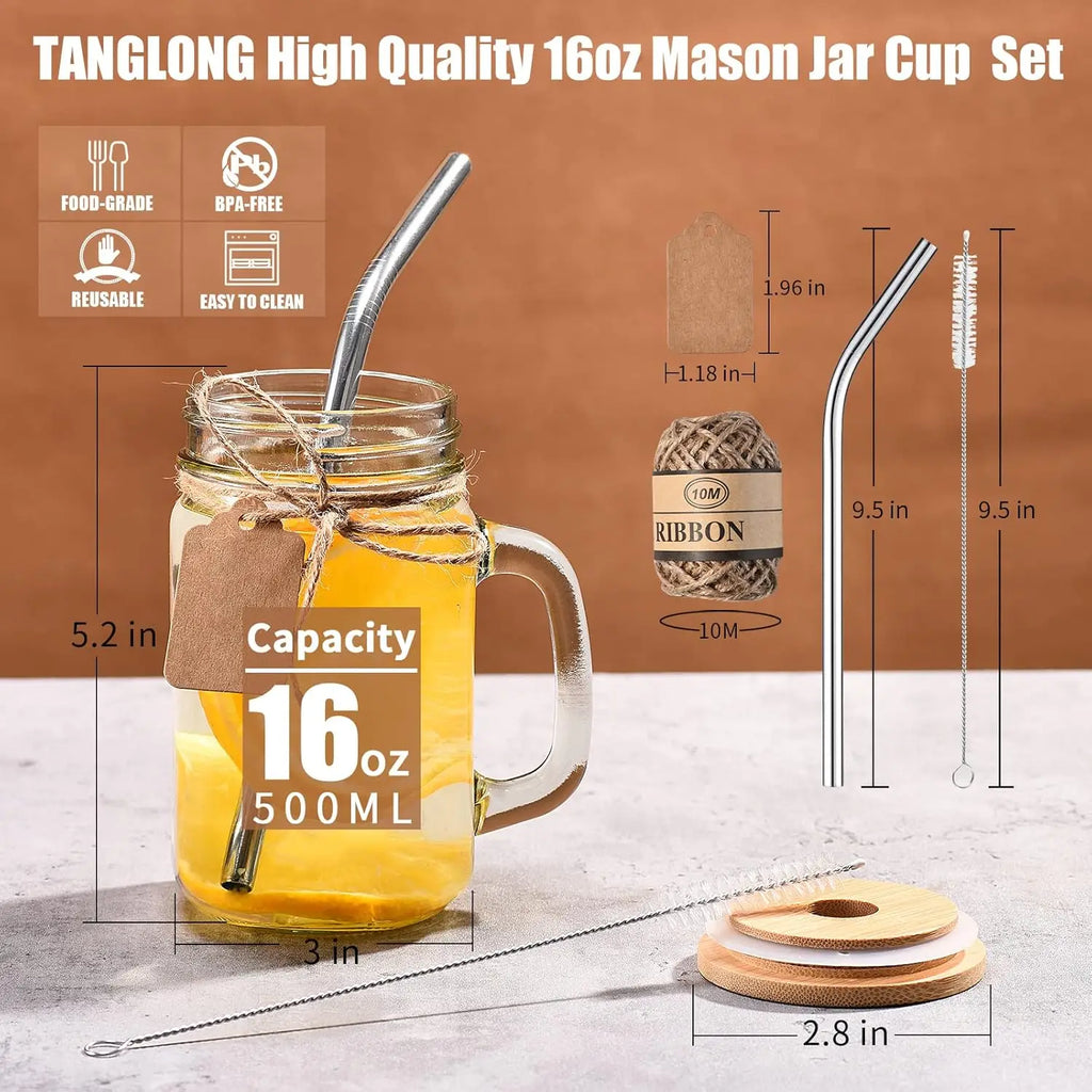 12 Mason Jar Drinking Glasses - 16 oz with Handle, Lids & Straws