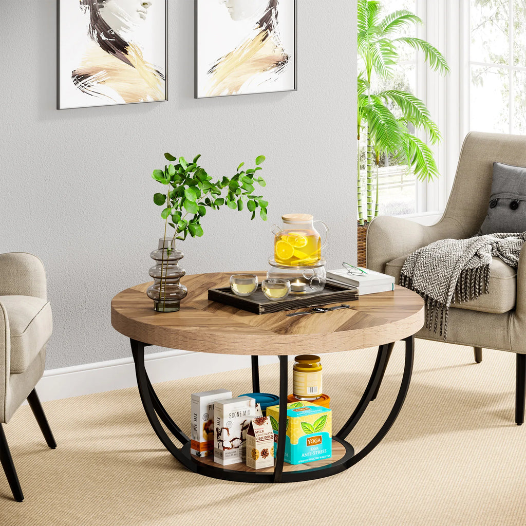 Round 2-Tier Coffee Table with Storage Shelves