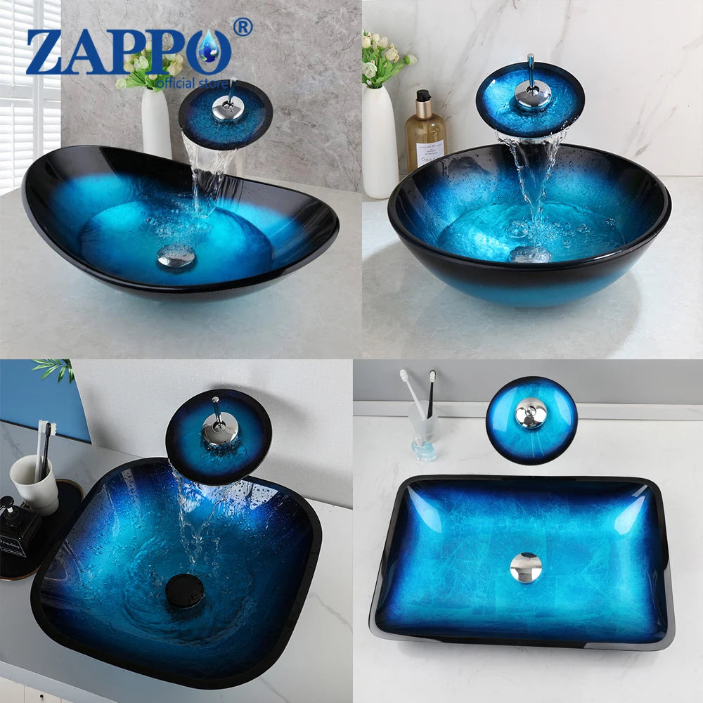 Tempered Glass Bathroom Sink with Waterfall & Black Faucet