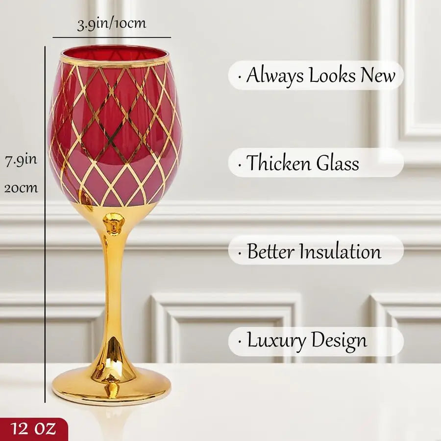 Set of 6 Red and Gold Wine Glasses with Colored Stems