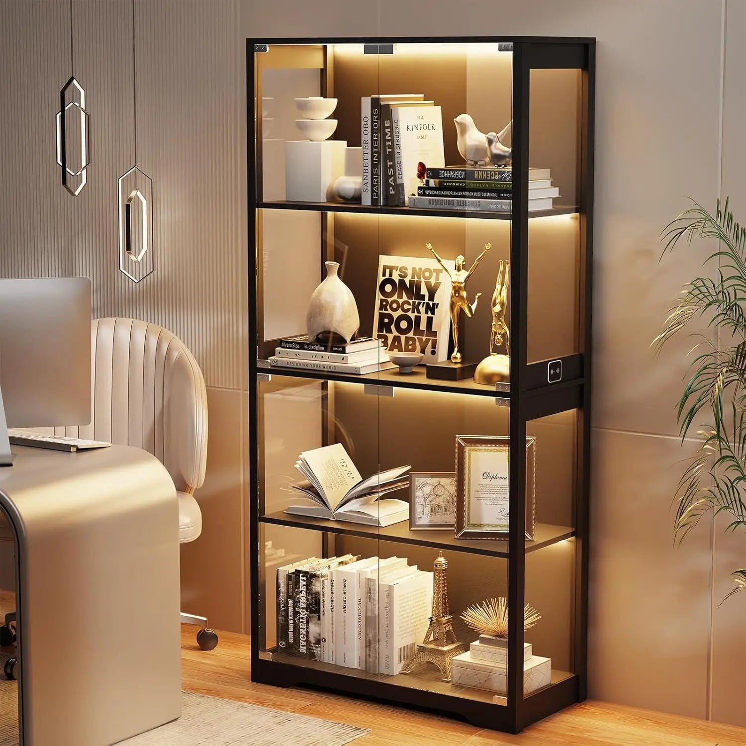 Display Cabinet with Glass Doors, 4-Tier Curio Cabinet with 3 Color Lights for Collectibles