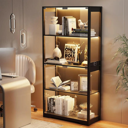 Display Cabinet with Glass Doors, 4-Tier Curio Cabinet with 3 Color Lights for Collectibles