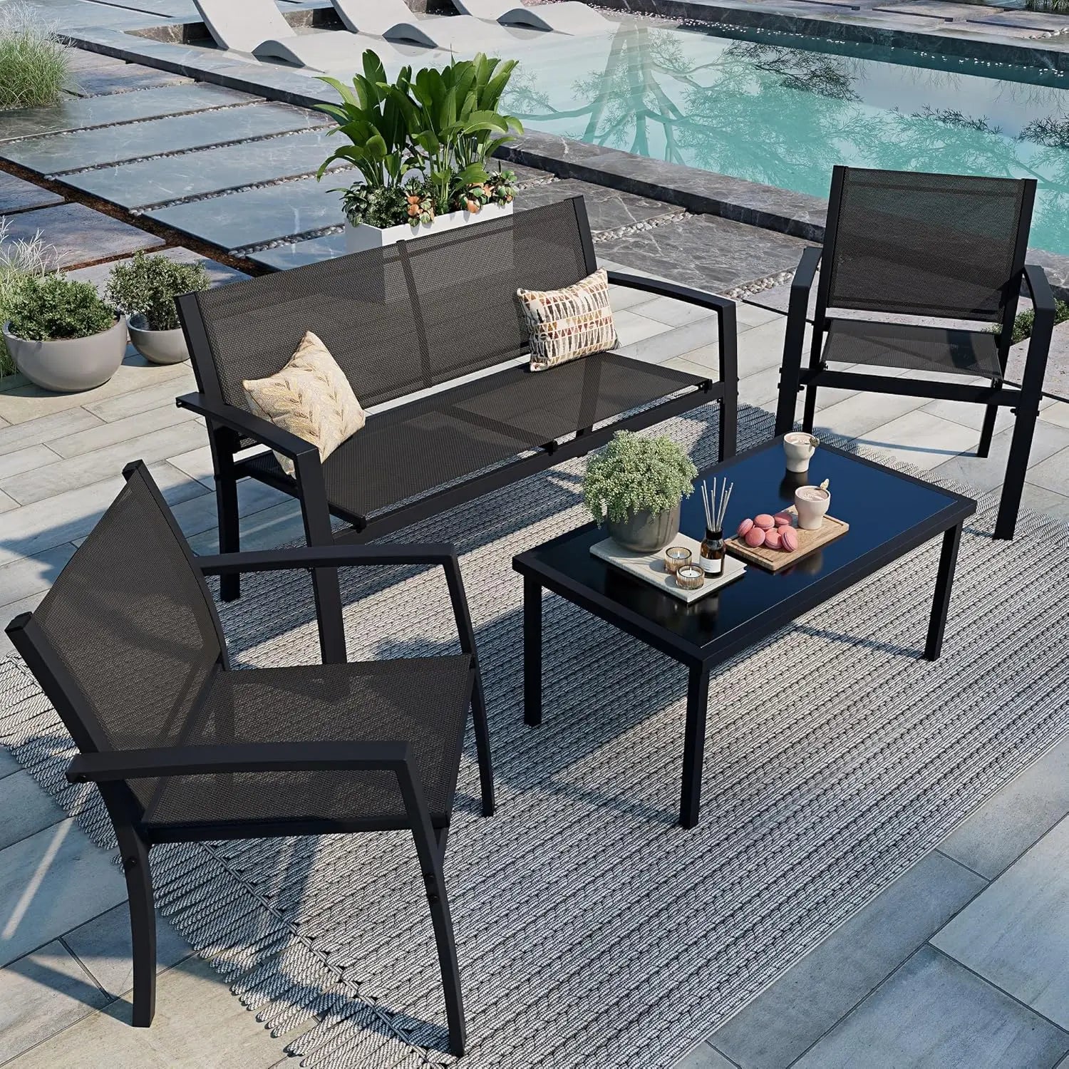 4-Piece Outdoor Patio Set with Loveseat, 2 Chairs & Glass Table