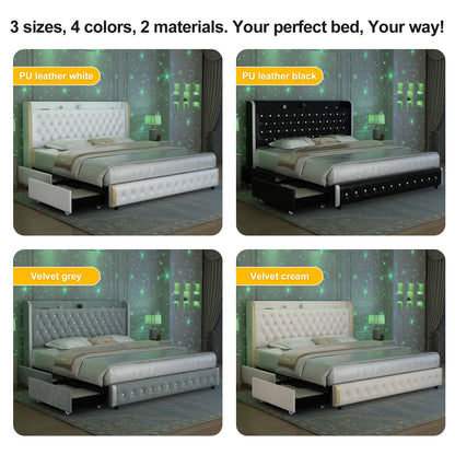 Bed Frame with Headboard, Galaxy Projector, Bluetooth Speaker, USB Ports, 4 Drawers - No Box Spring Needed - 3 Sizes Available