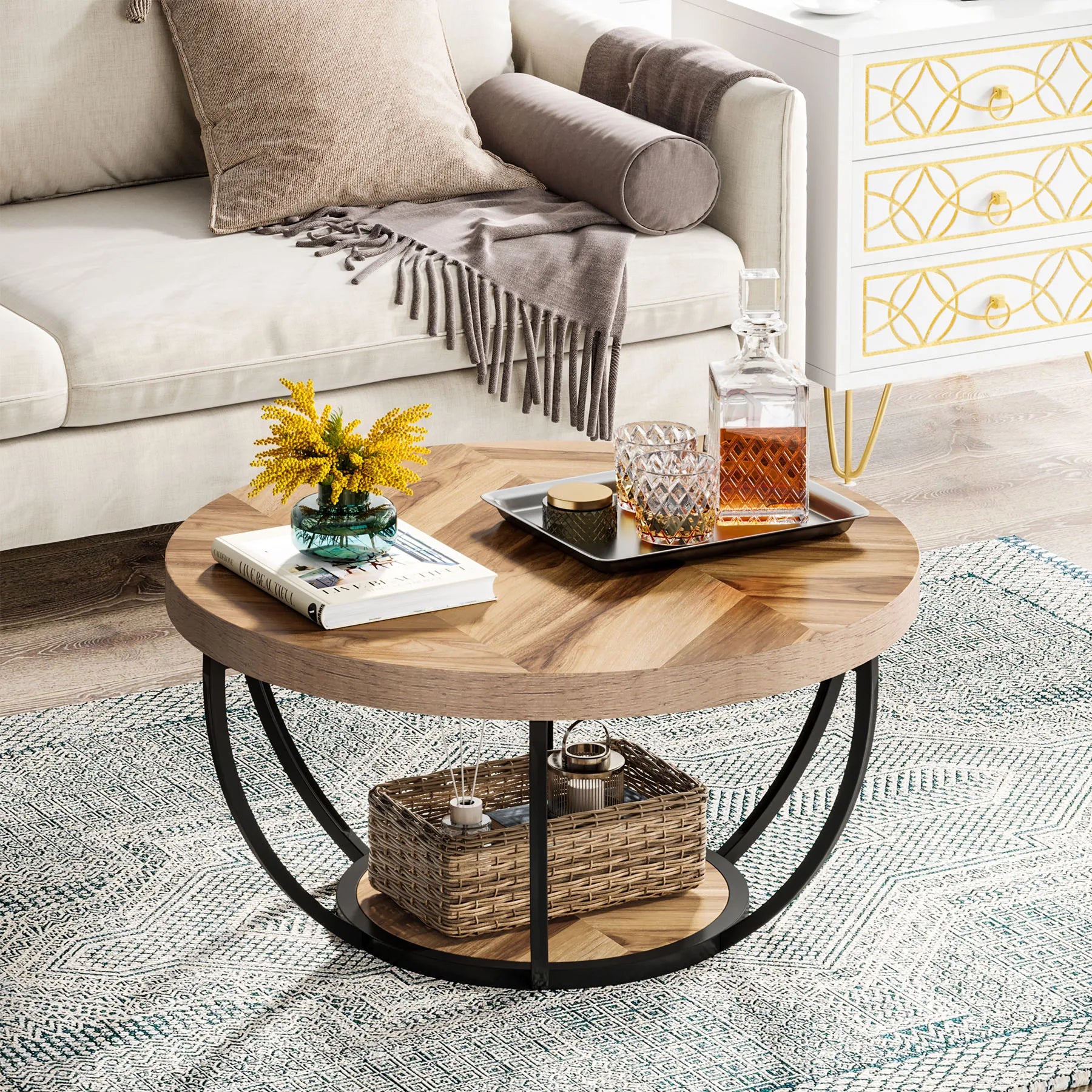 Round 2-Tier Coffee Table with Storage Shelves