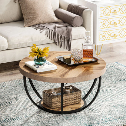 Round 2-Tier Coffee Table with Storage Shelves