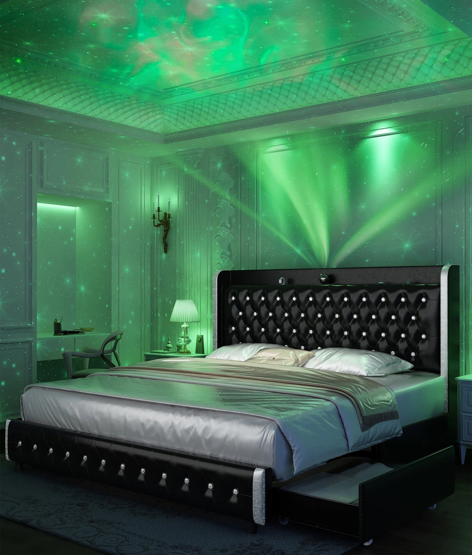 Bed Frame with Headboard, Galaxy Projector, Bluetooth Speaker, USB Ports, 4 Drawers - No Box Spring Needed - 3 Sizes Available