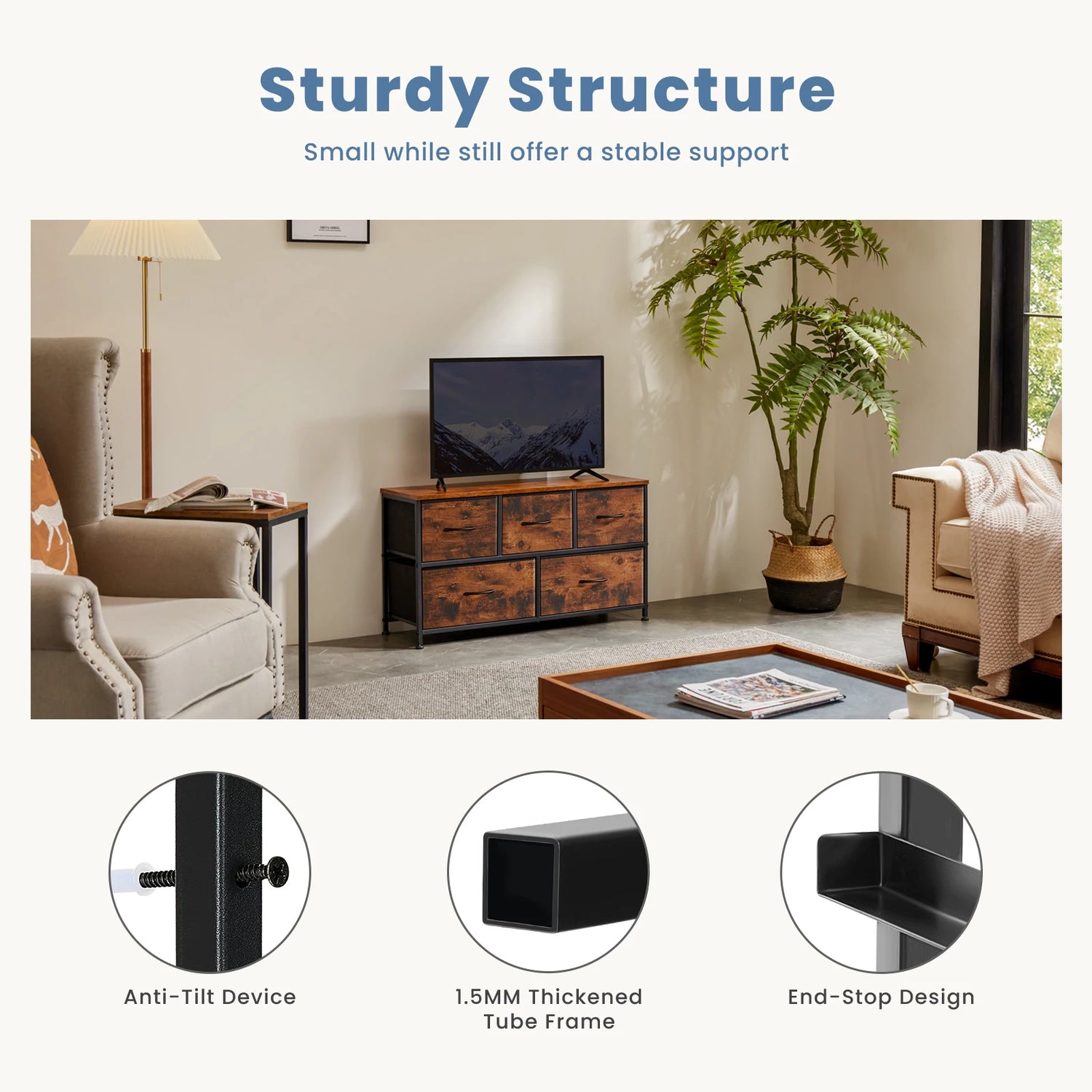 Multi-Purpose Dresser or Buffet with 5 Fabric Drawers