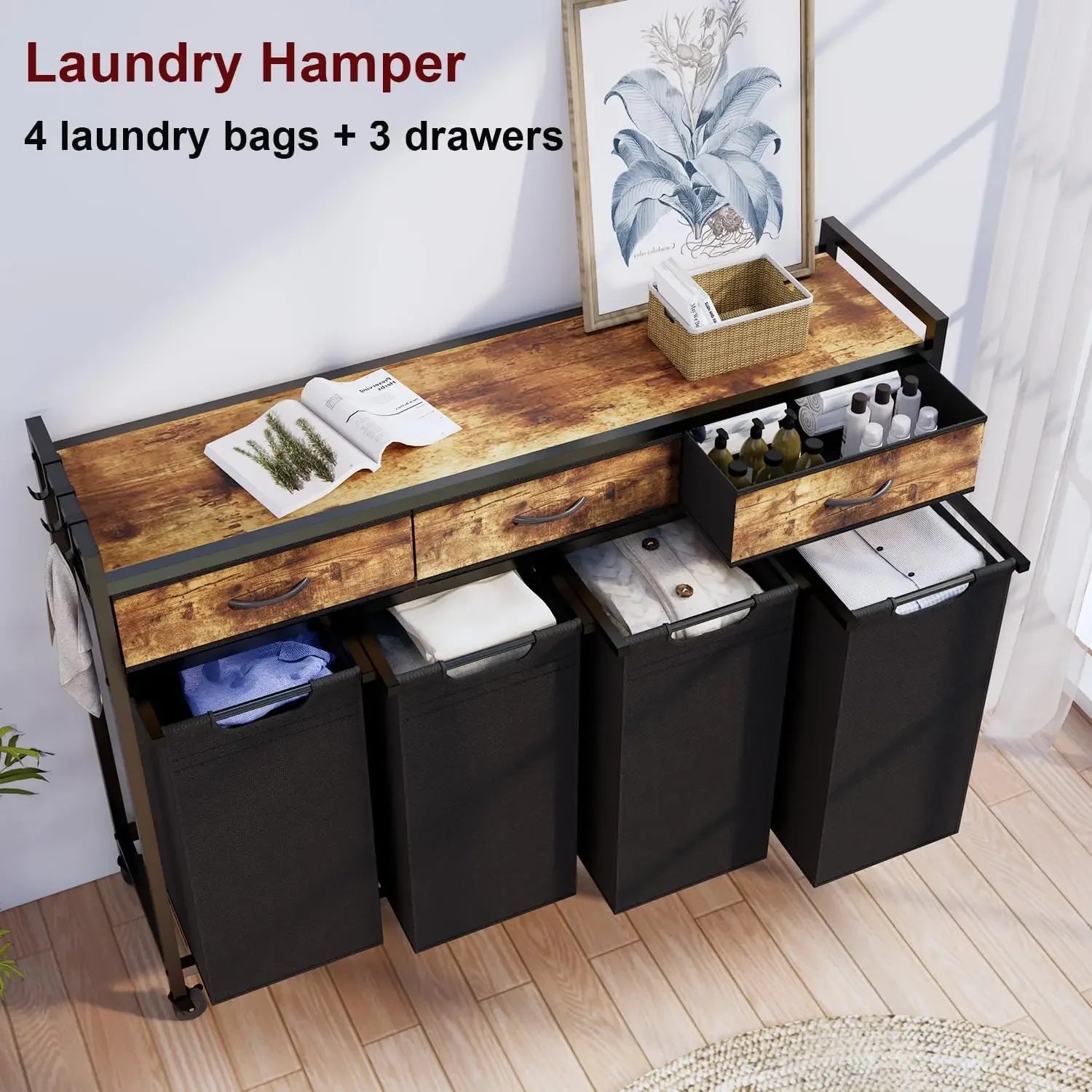 Laundry Hamper, Laundry Sorter 4 Sections, Rolling Laundry Basket with Wheels, 3 Drawers, 4 × 14.5 Gal Pull-Out