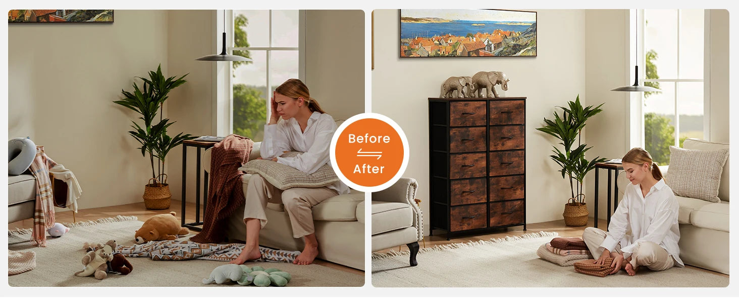 Bedside Table For Bedroom With 10 Fabric Drawers