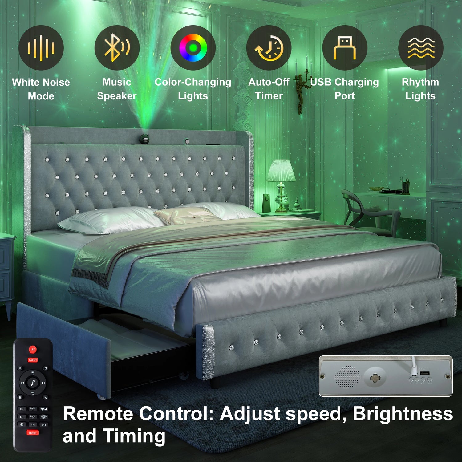 Bed Frame with Headboard, Galaxy Projector, Bluetooth Speaker, USB Ports, 4 Drawers - No Box Spring Needed - 3 Sizes Available