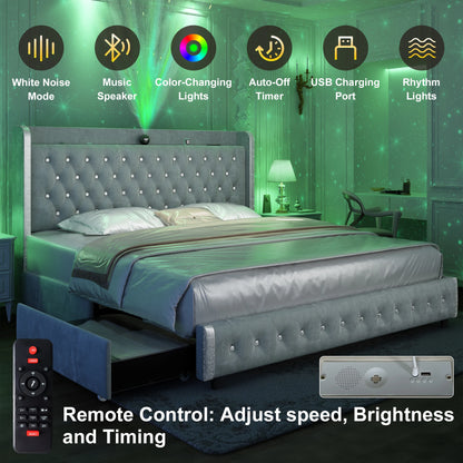 Bed Frame with Headboard, Galaxy Projector, Bluetooth Speaker, USB Ports, 4 Drawers - No Box Spring Needed - 3 Sizes Available