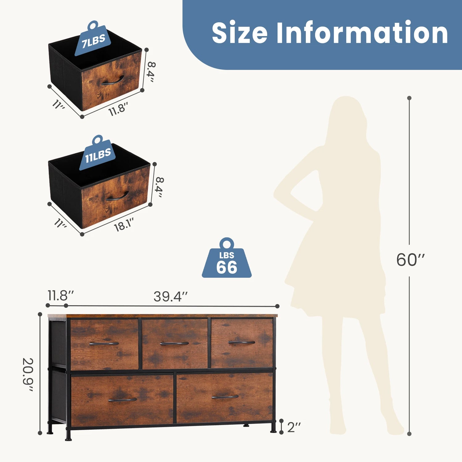 Multi-Purpose Dresser or Buffet with 5 Fabric Drawers