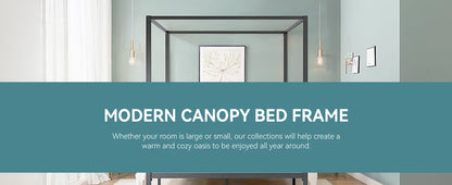 4-Poster Canopy Bed Frame with 3-Metal Crossbars - No Box Spring Needed