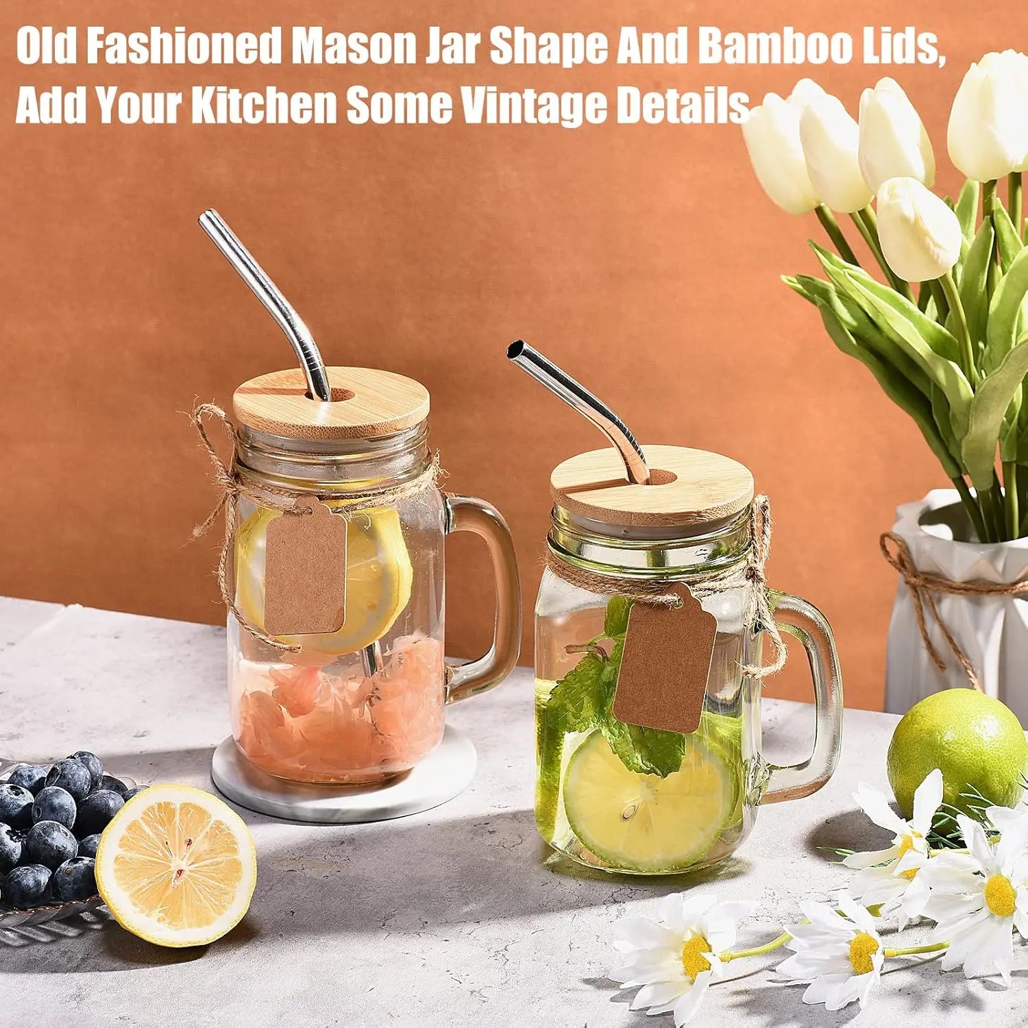 12 Mason Jar Drinking Glasses - 16 oz with Handle, Lids & Straws