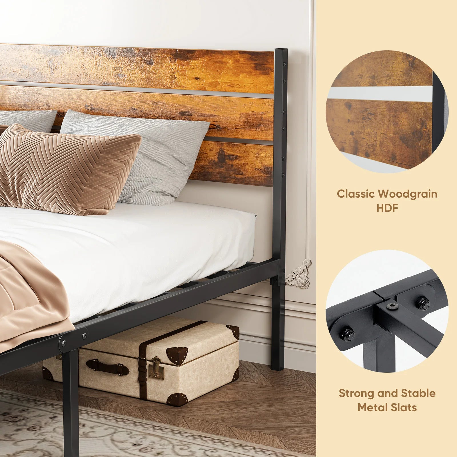Wooden Headboard and Metal Platform Bed Frame - No Box Spring Needed - 700LBS capacity with sturdy Wooden Slats