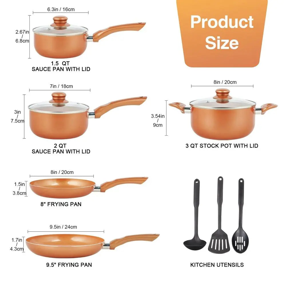 11-Piece Copper with Ceramic Coating, Ultra Nonstick set of Pots and Pans Cookware