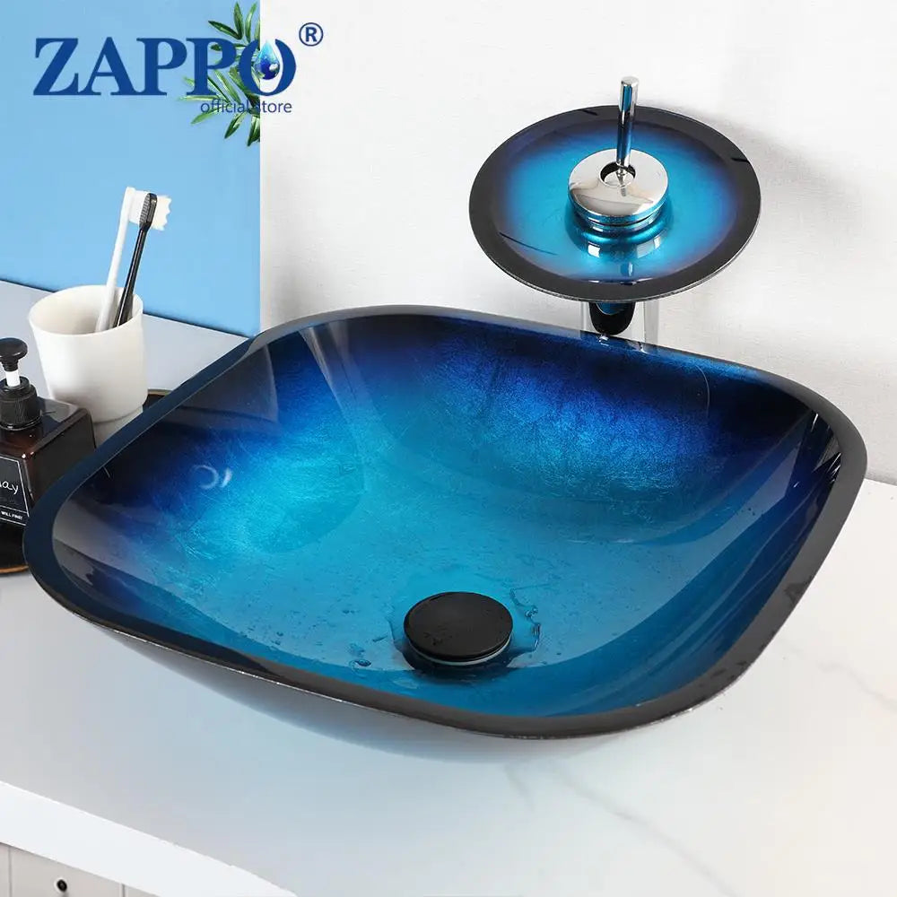 Tempered Glass Bathroom Sink with Waterfall & Black Faucet