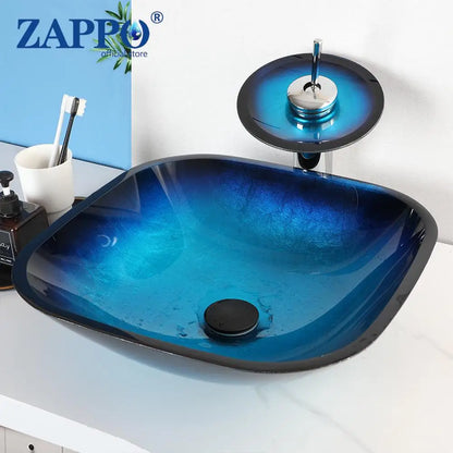 Tempered Glass Bathroom Sink with Waterfall &amp; Black Faucet