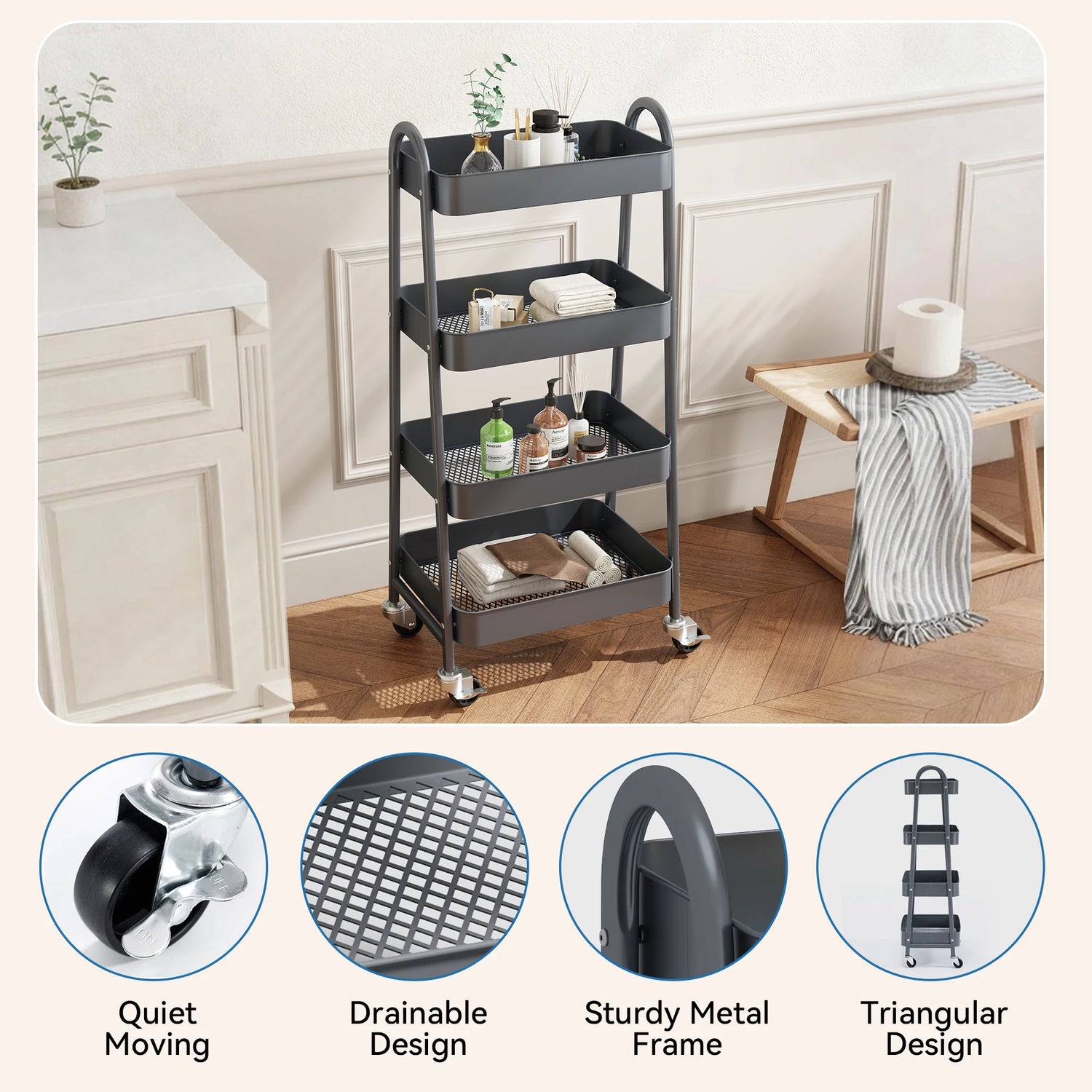 4 Tier Metal Storage Cart for Kitchen, Bathroom, Garage &amp; Laundry Room with Lockable Wheels
