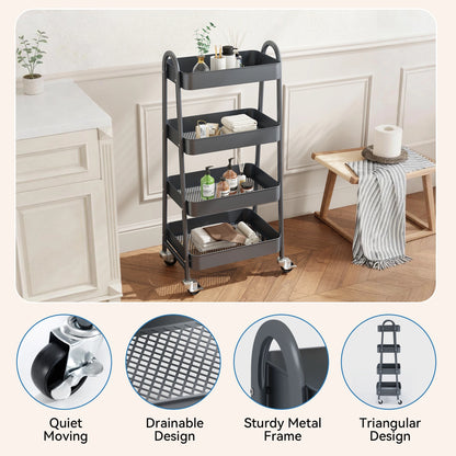 4 Tier Metal Storage Cart for Kitchen, Bathroom, Garage &amp; Laundry Room with Lockable Wheels