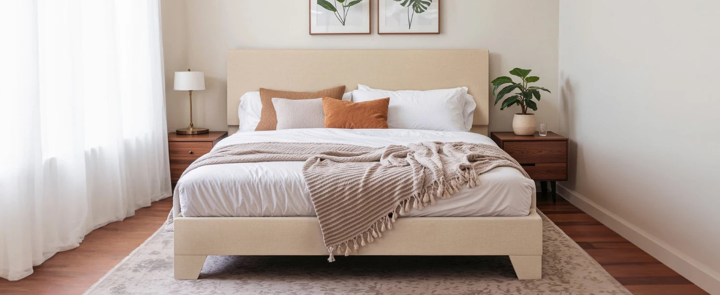 Bed Frame with Adjustable Headboard, Soft Linen Fabric, Strong Supporting Structure
