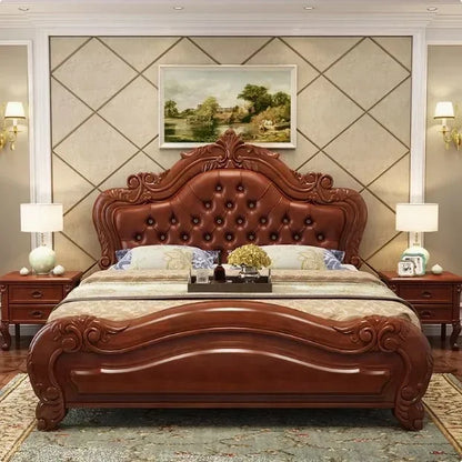 Unique Luxury Genuine Leather  Wood Bed
