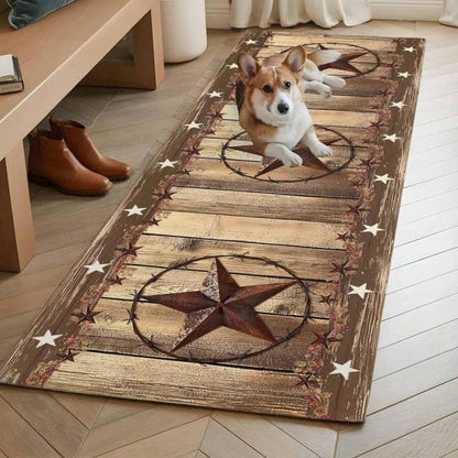 2 Sizes - Rustic Farmhouse Runner - Non-Slip With Beige Design &amp; Western Star Pattern