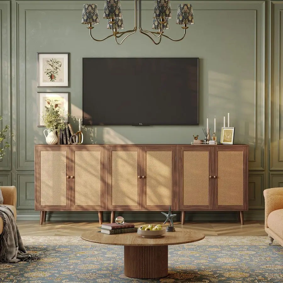 Buffet Cabinet with Storage, Rattan Decor Doors, Accent with Solid Wood Feet, Sideboard for Hall