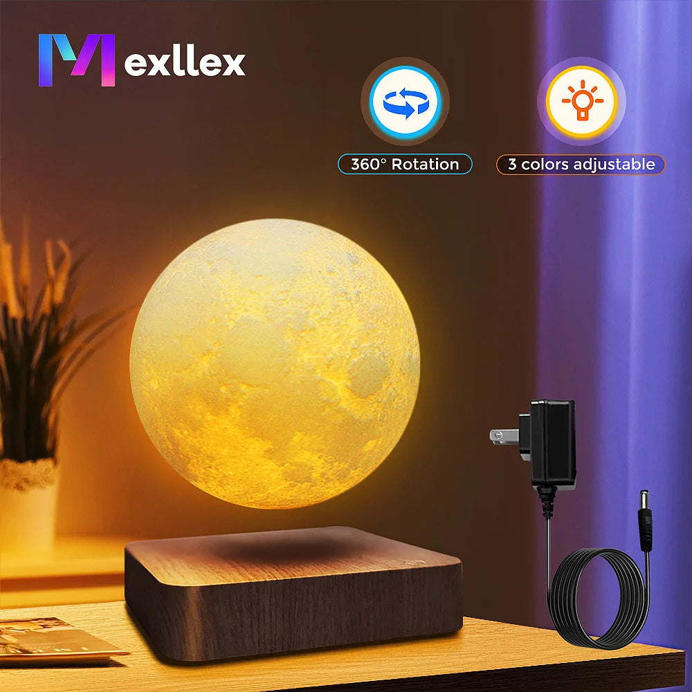 Magnetic Floating Rotating Moon Lamp with Wooden Base - 3 Color LED Night Light
