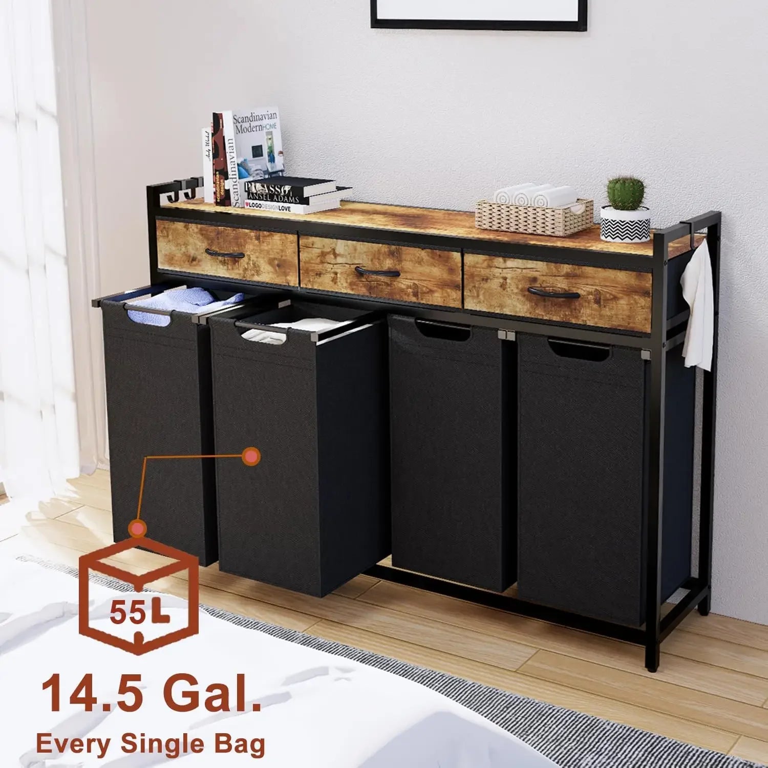 Laundry Hamper, Laundry Sorter 4 Sections, Rolling Laundry Basket with Wheels, 3 Drawers, 4 × 14.5 Gal Pull-Out