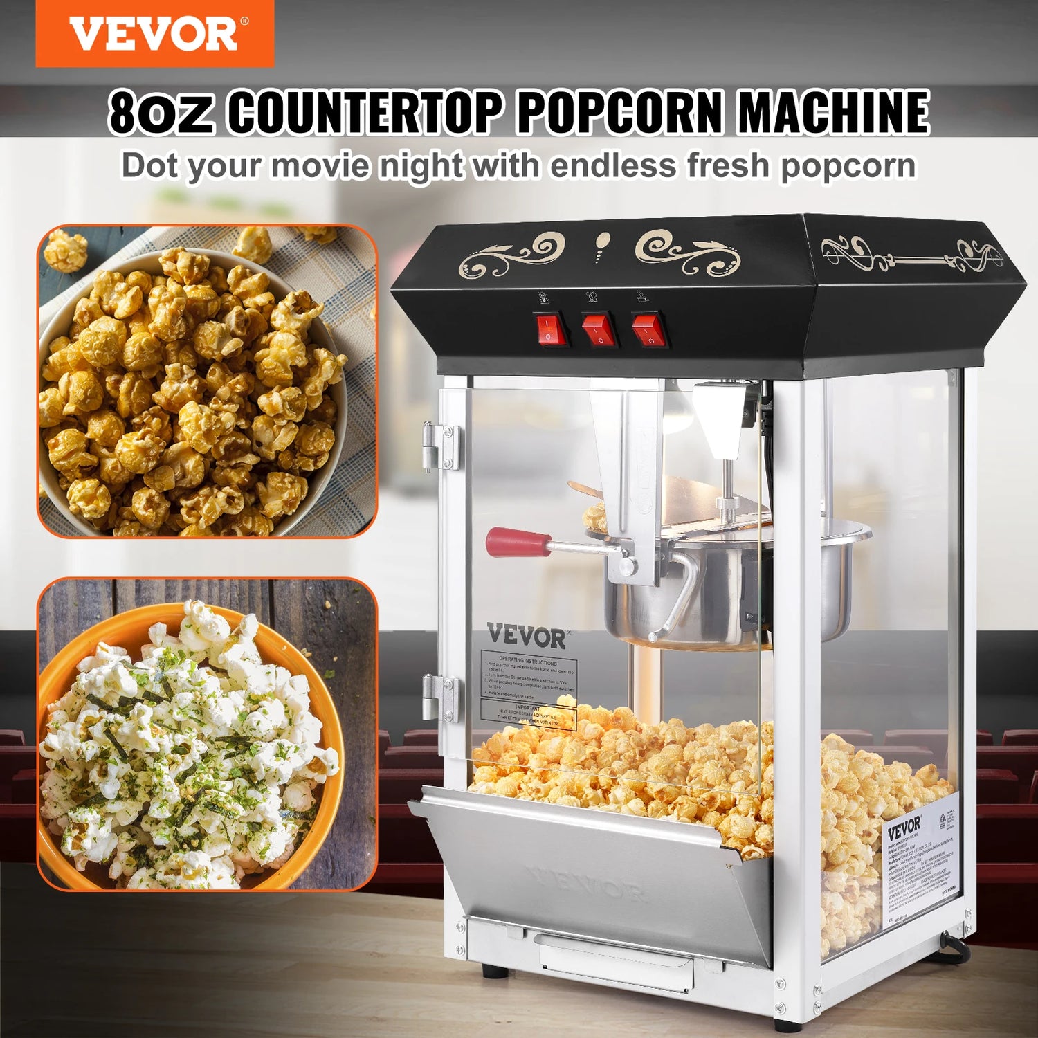 8 Oz Counter-top Movie Theater Style Kettle Popcorn Maker - Makes 48 Cups per Batch - Includes 4 Scoops