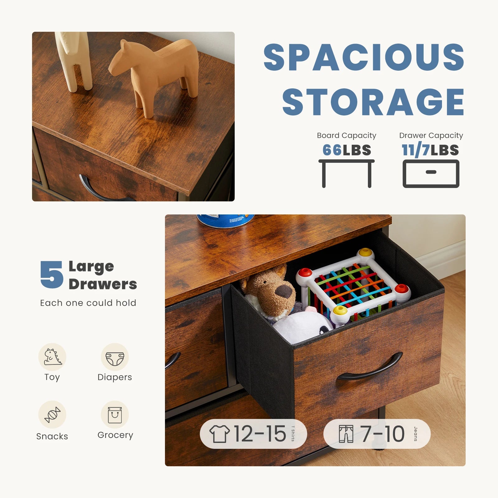 Multi-Purpose Dresser or Buffet with 5 Fabric Drawers