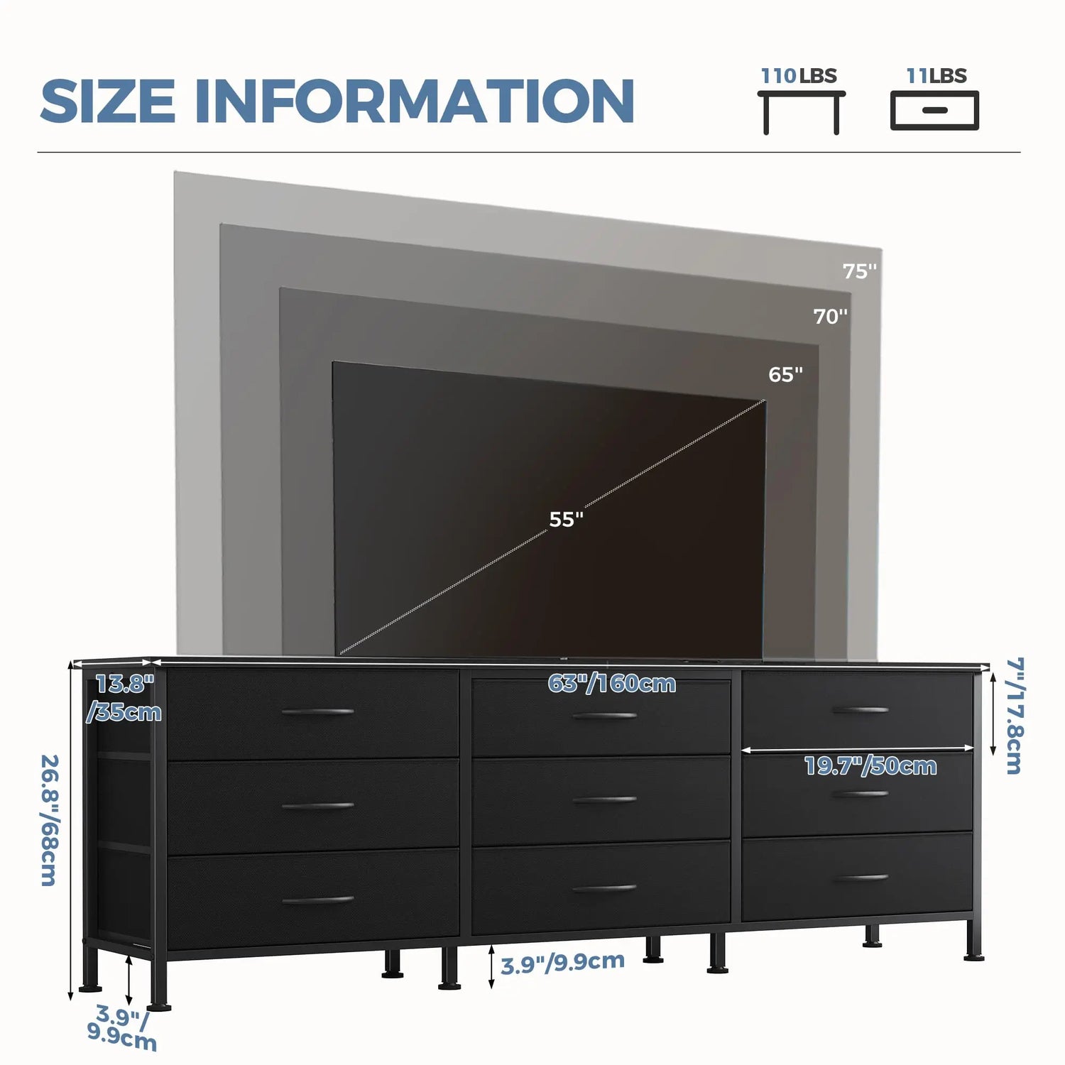 Dining Room Cabinet With 9 Fabric Drawers - Long Entertainment Center for up to 75 Inch TV