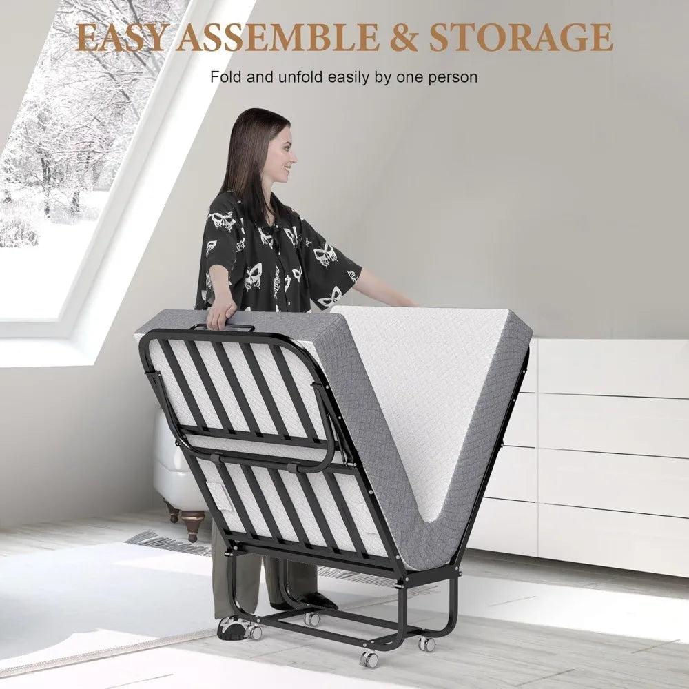 Portable Twin Rollaway Folding Bed with Memory Foam Mattress - Guest Bed on Wheels