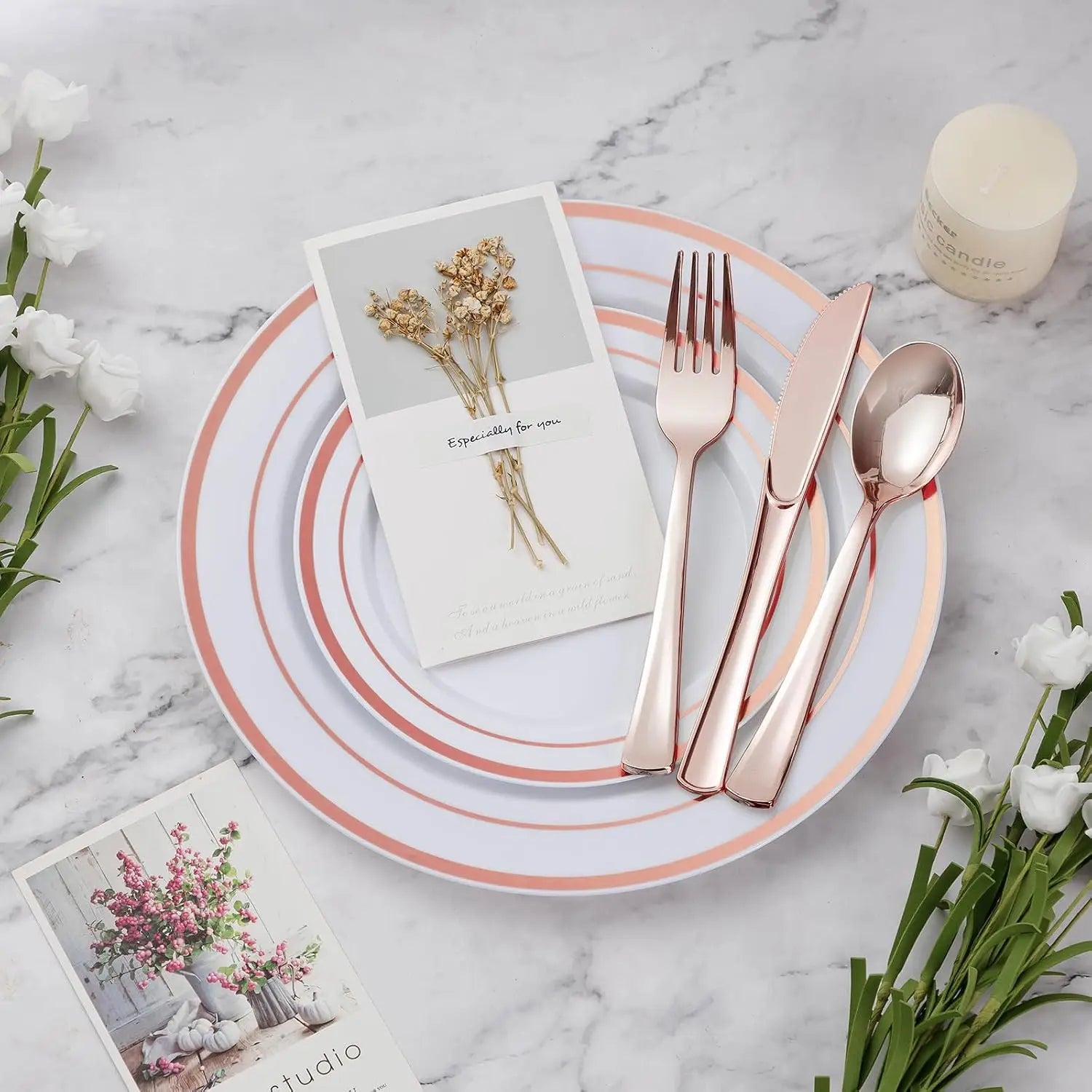 600 piece Plastic Dinnerware Set (100 Guests), Rose Gold Disposable Plates for Party, Wedding, Christmas, Anniversary