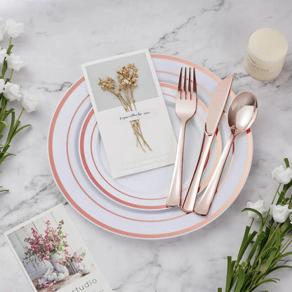 600 piece Plastic Dinnerware Set (100 Guests), Rose Gold Disposable Plates for Party, Wedding, Christmas, Anniversary