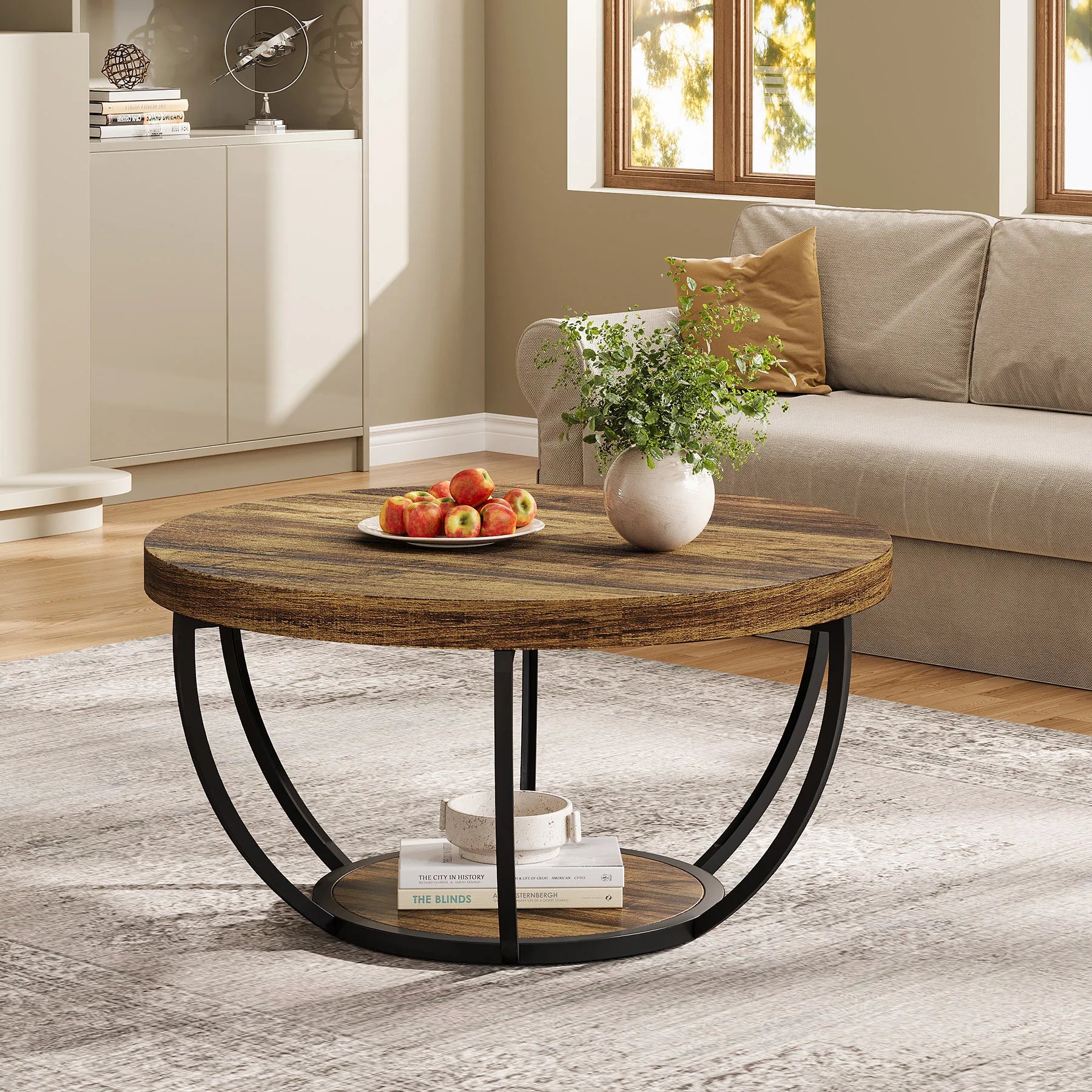 Round 2-Tier Coffee Table with Storage Shelves