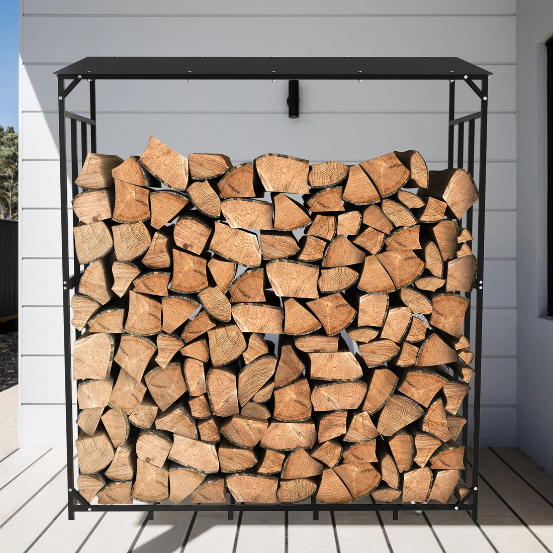 Heavy Duty Tall Metal Firewood Rack Stand with Top Cover for Fireplace Wood Storage