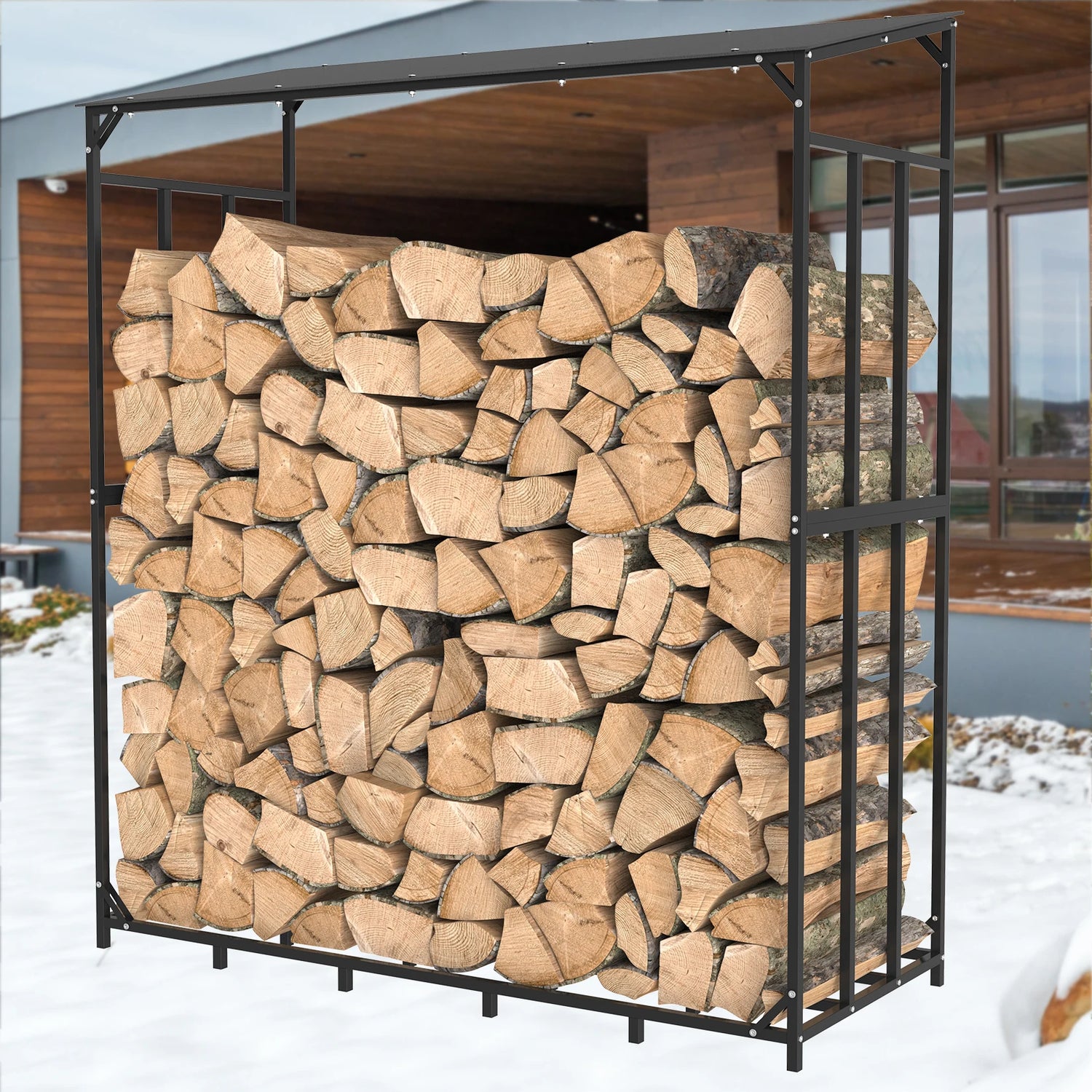 Heavy Duty Tall Metal Firewood Rack Stand with Top Cover for Fireplace Wood Storage
