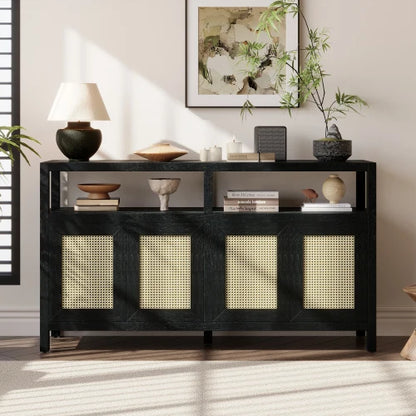 Black Solid Wood Rattan Buffet - Bohemian Style 3-Adjustable Shelves No-Handle Push-to-Open Storage Cabinet