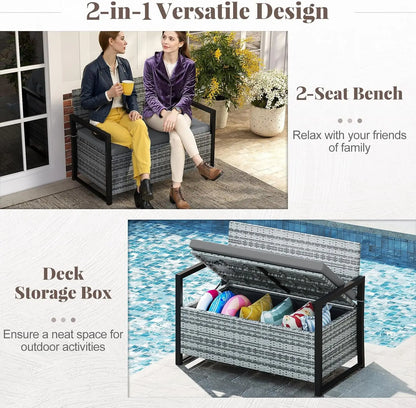 40 Gallon Outdoor Patio Wicker Bench with Storage, Cushion, Cover &amp; Metal Frame