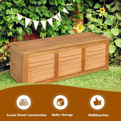 Acacia wood outdoor storage bench with 46 gallon capacity for patio furniture cushions and garden accessories"
