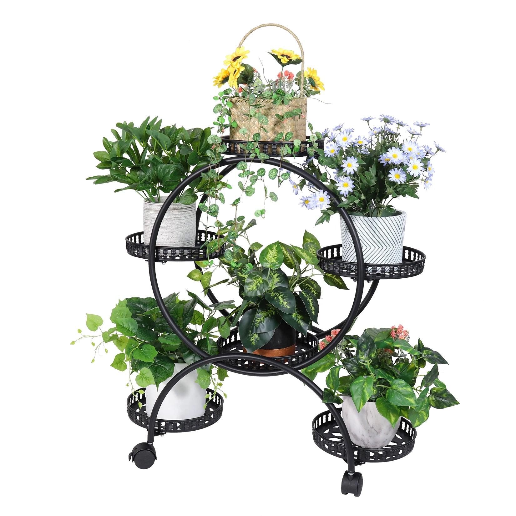6-Pot Metal Plant Stand with Wheels Indoor/Outdoor