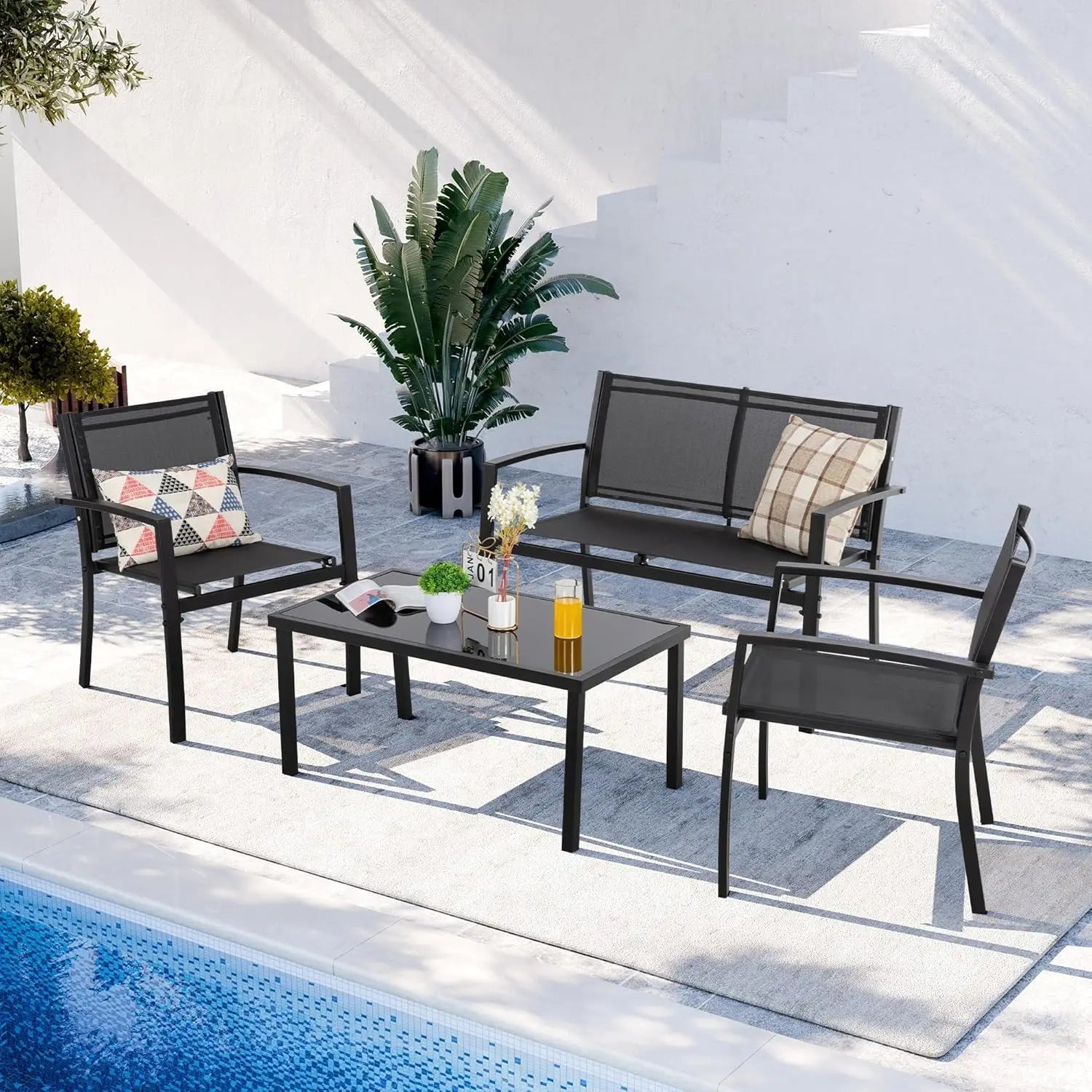 4-Piece Outdoor Patio Set with Loveseat, 2 Chairs & Glass Table