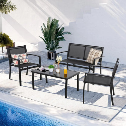 4-Piece Outdoor Patio Set with Loveseat, 2 Chairs &amp; Glass Table