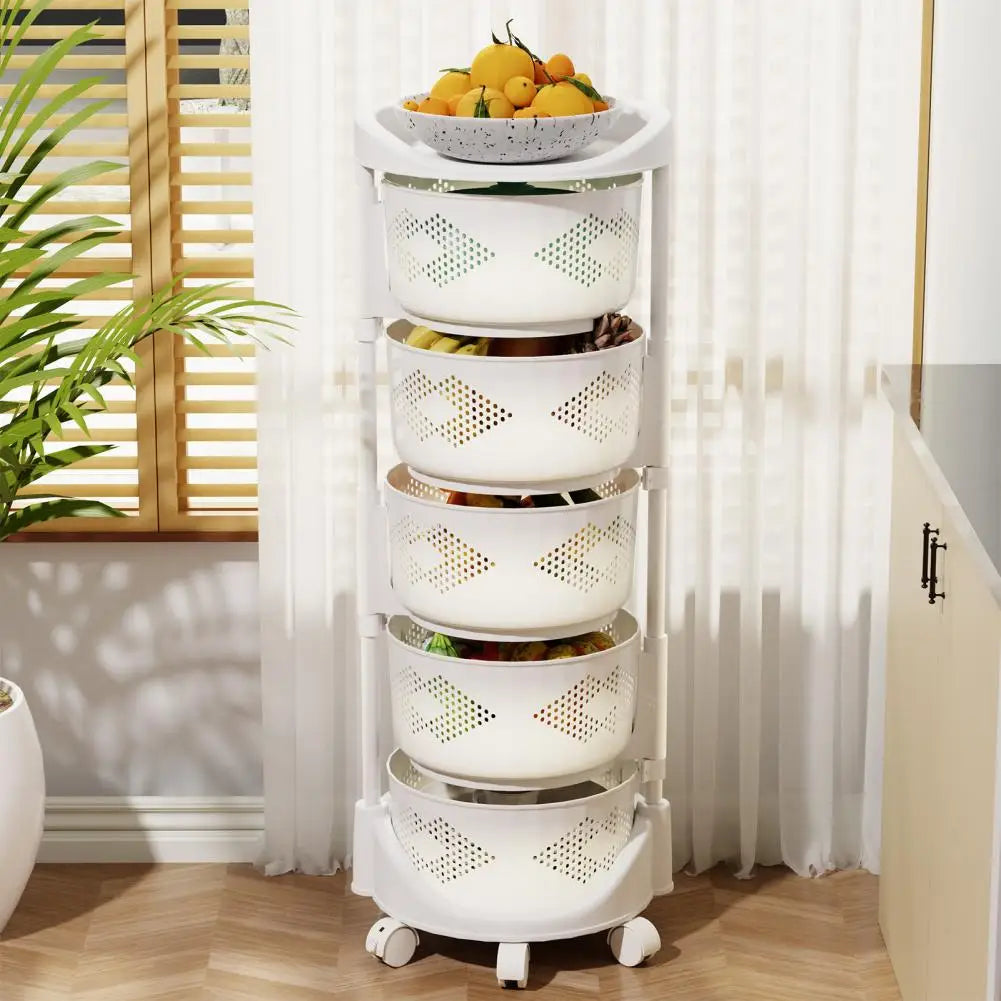 Kitchen Storage Rack with 5 Tier Circular Rotating Basket for Fruits &amp; Vegetables with 360 Degree Wheels
